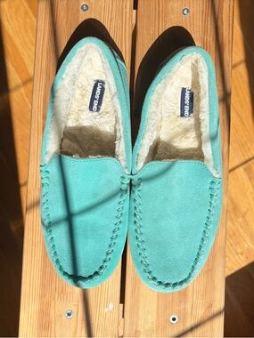 Lands' End Aqua Suede Faux-Fur Lined Moccasins